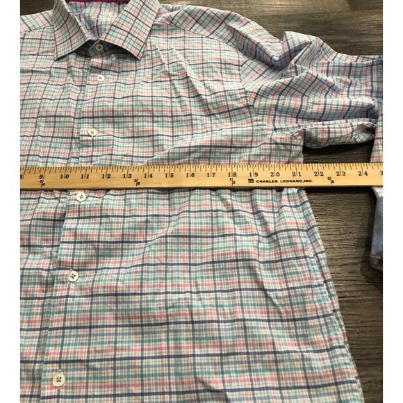 Bugatchi Uomo Mens 16.5 Blue Pink Long Sleeve Button Down Shirt Turn Cuffs - Picture 5 of 6